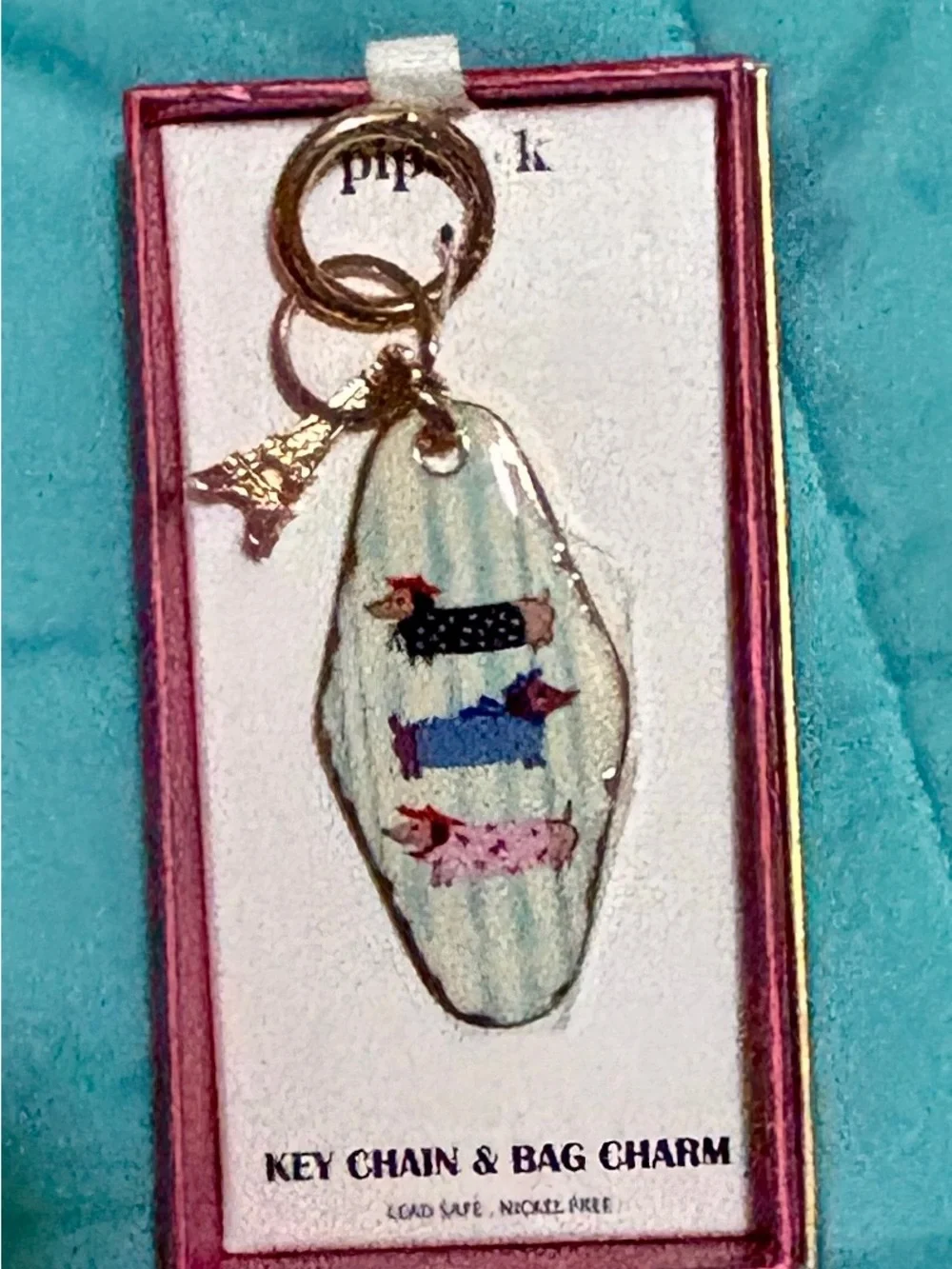 Piper K weenie dog Eiffel tower Key Chain & Bag Charm - Pastel striped Aqua